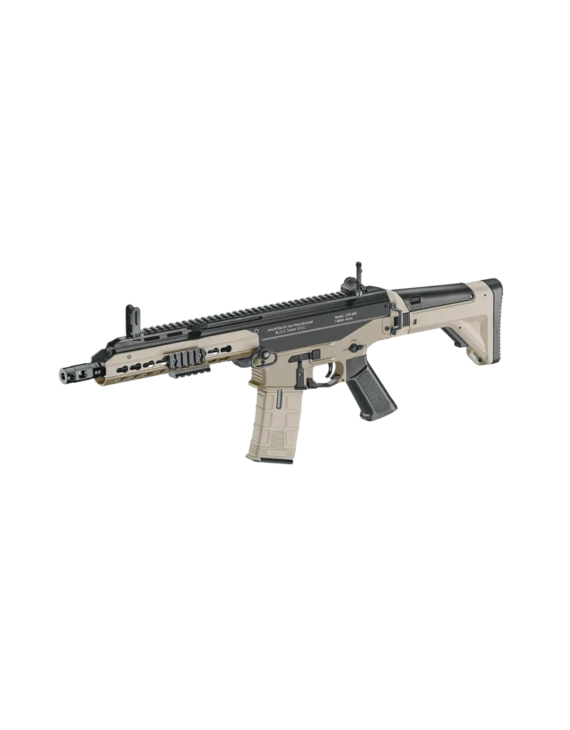ICS CXP APE tan and black ICS AEG airsoft rifle with full length rail folding sights and adjustable stock
