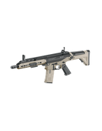 ICS CXP APE tan and black ICS AEG airsoft rifle with full length rail folding sights and adjustable stock
