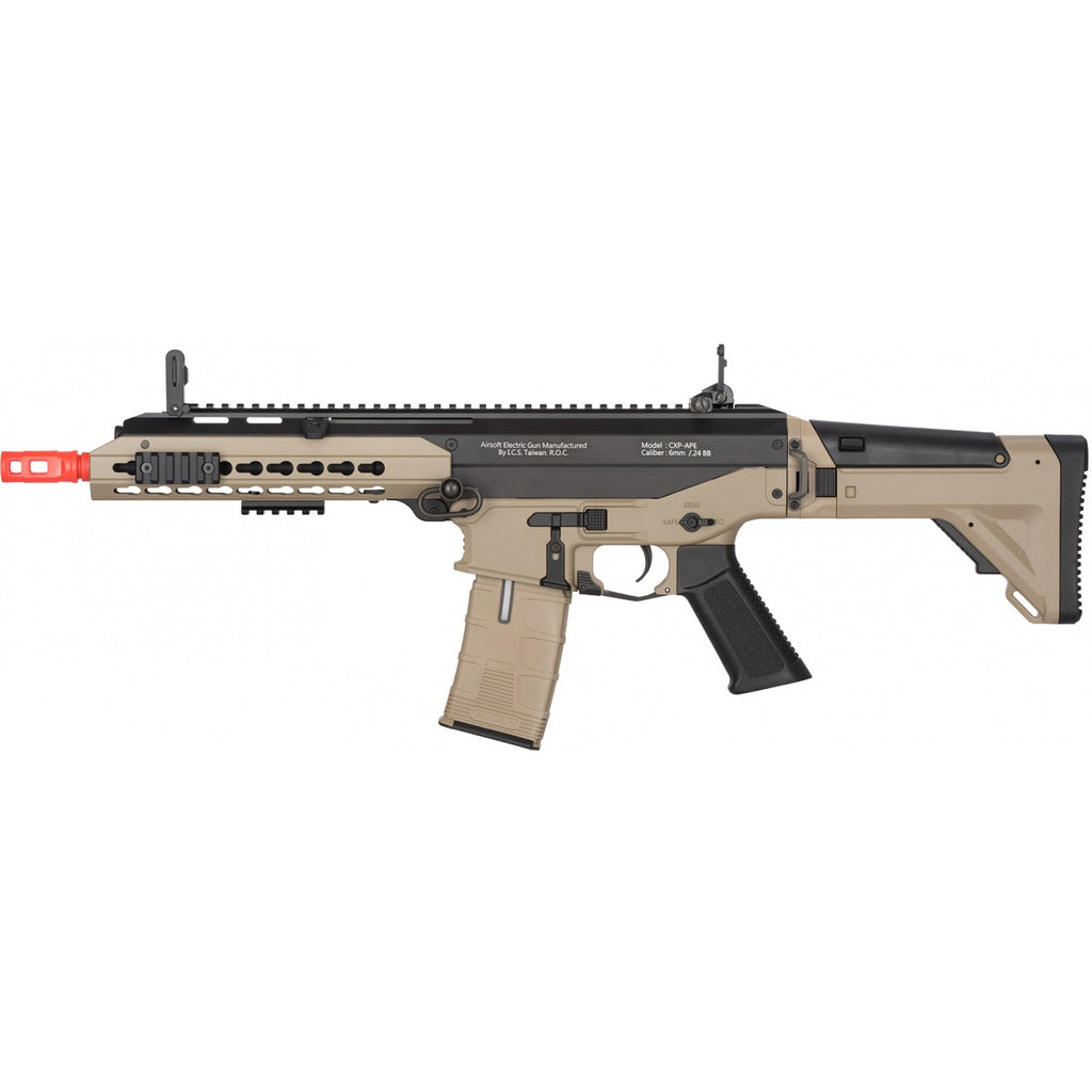 ICS CXP APE tan AEG rifle with orange safety tip adjustable stock quad rail and detachable magazine