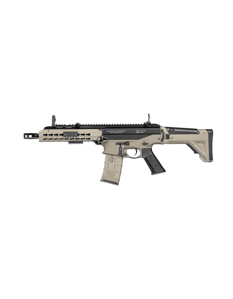 ICS CXP APE tan and black AEG rifle with collapsible stock rail system and detachable magazine by ICS