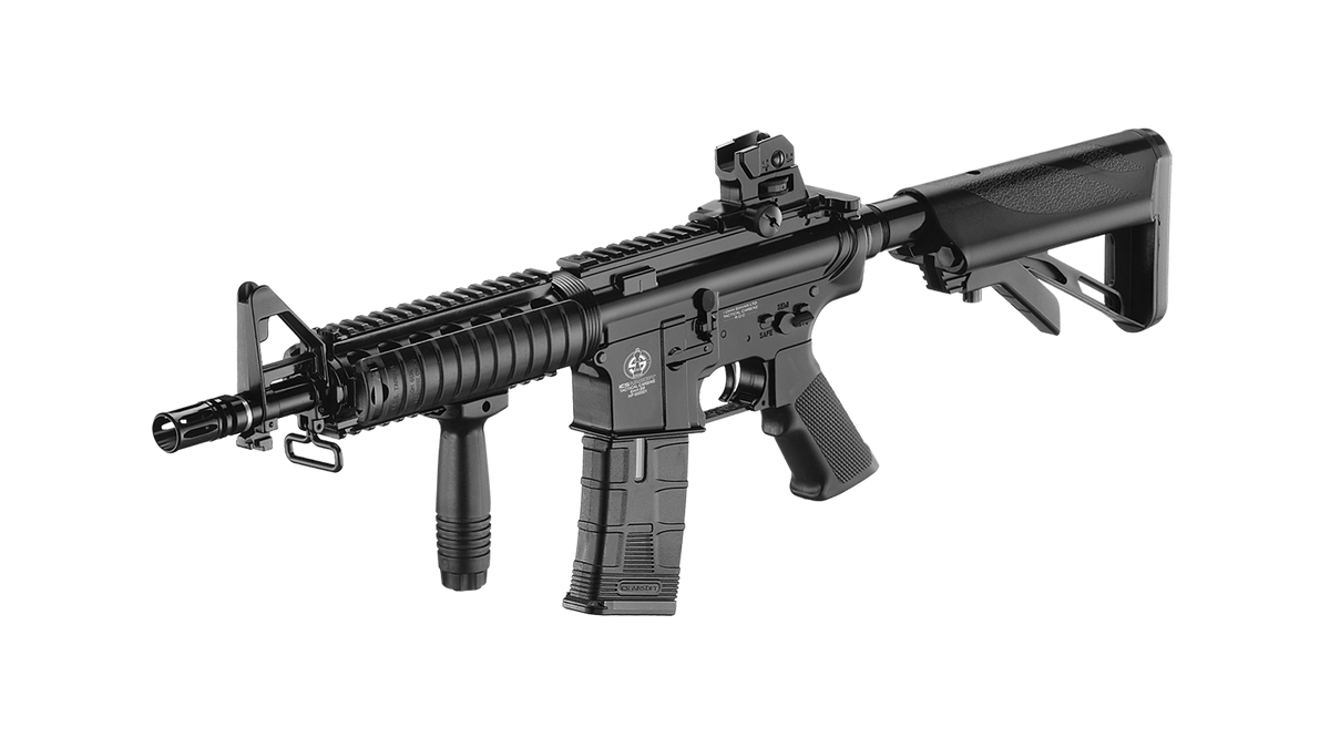ICS AIRSOFT AEG with adjustable stock and tactical features for airsoft enthusiasts