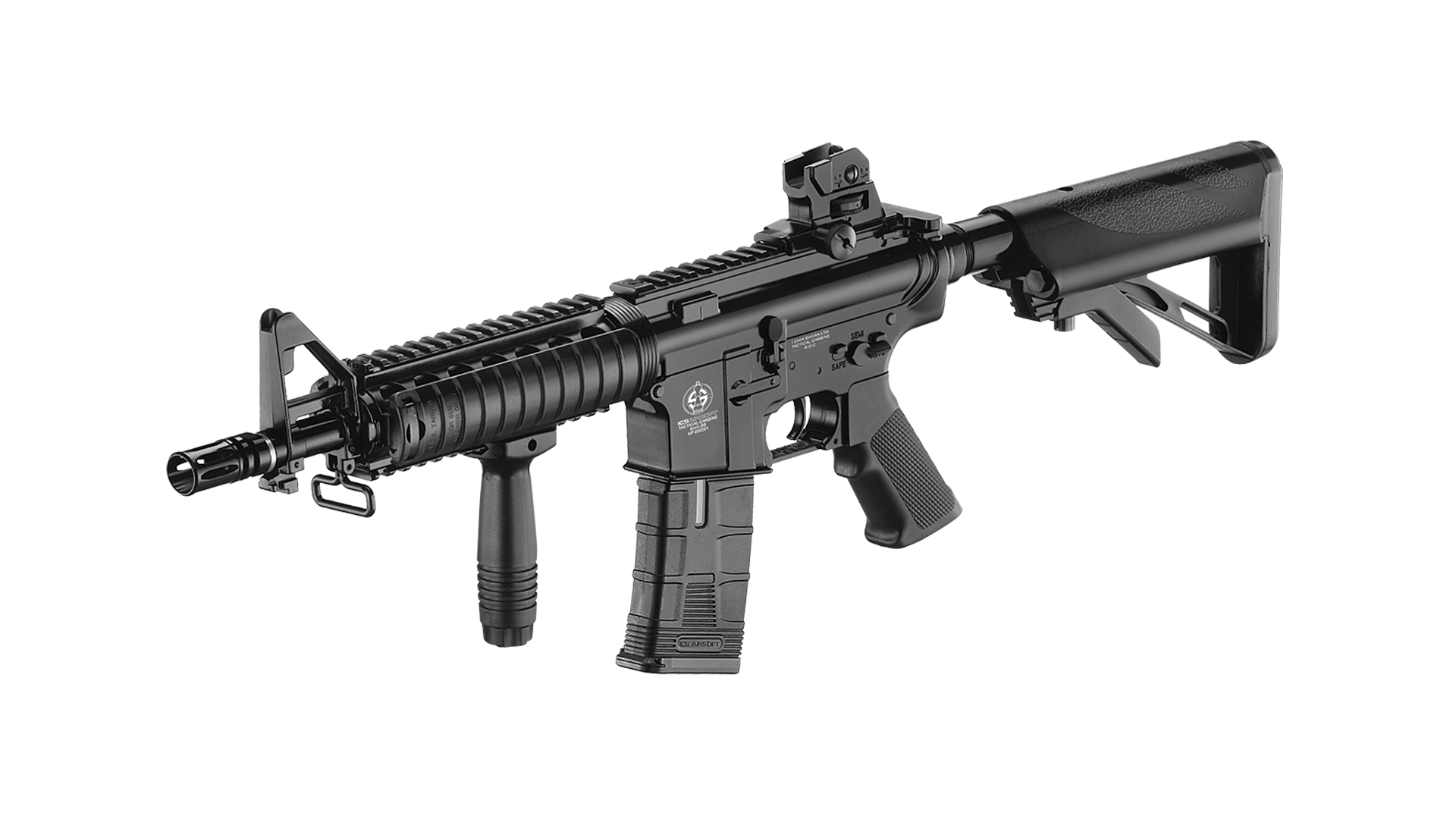 ICS CS4 M4 AEG AIRSOFT gun by ICS with adjustable stock and foregrip in black finish