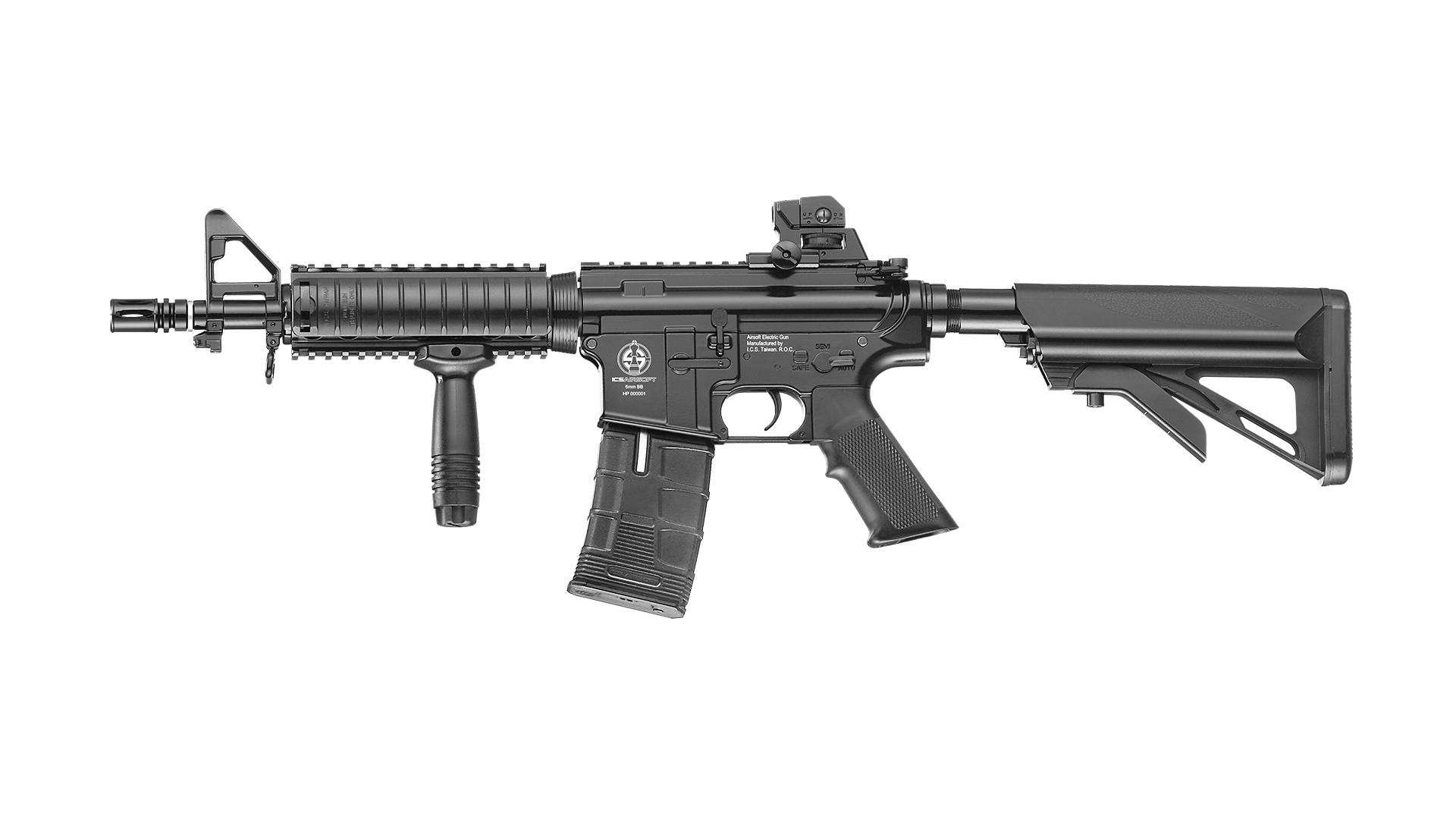 ICS CS4 M4 AEG AIRSOFT black electric airsoft rifle with adjustable stock and vertical foregrip