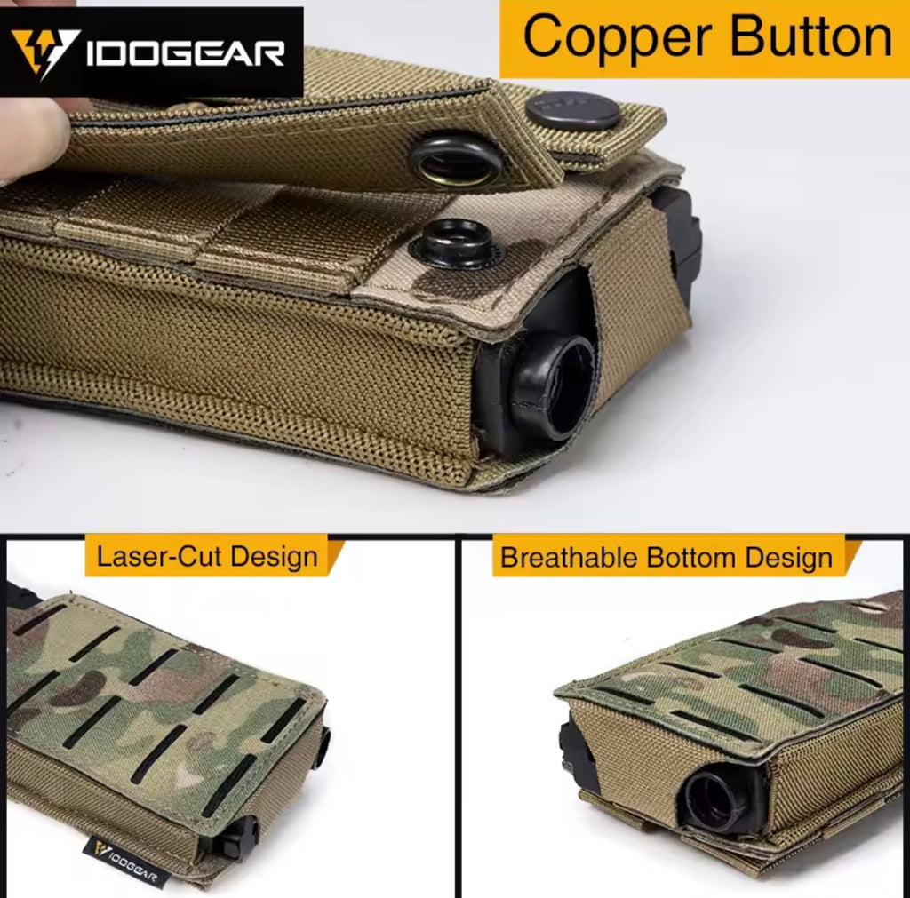IDOGEAR 556 mag pouch with copper button, laser-cut design, and breathable bottom in camouflage