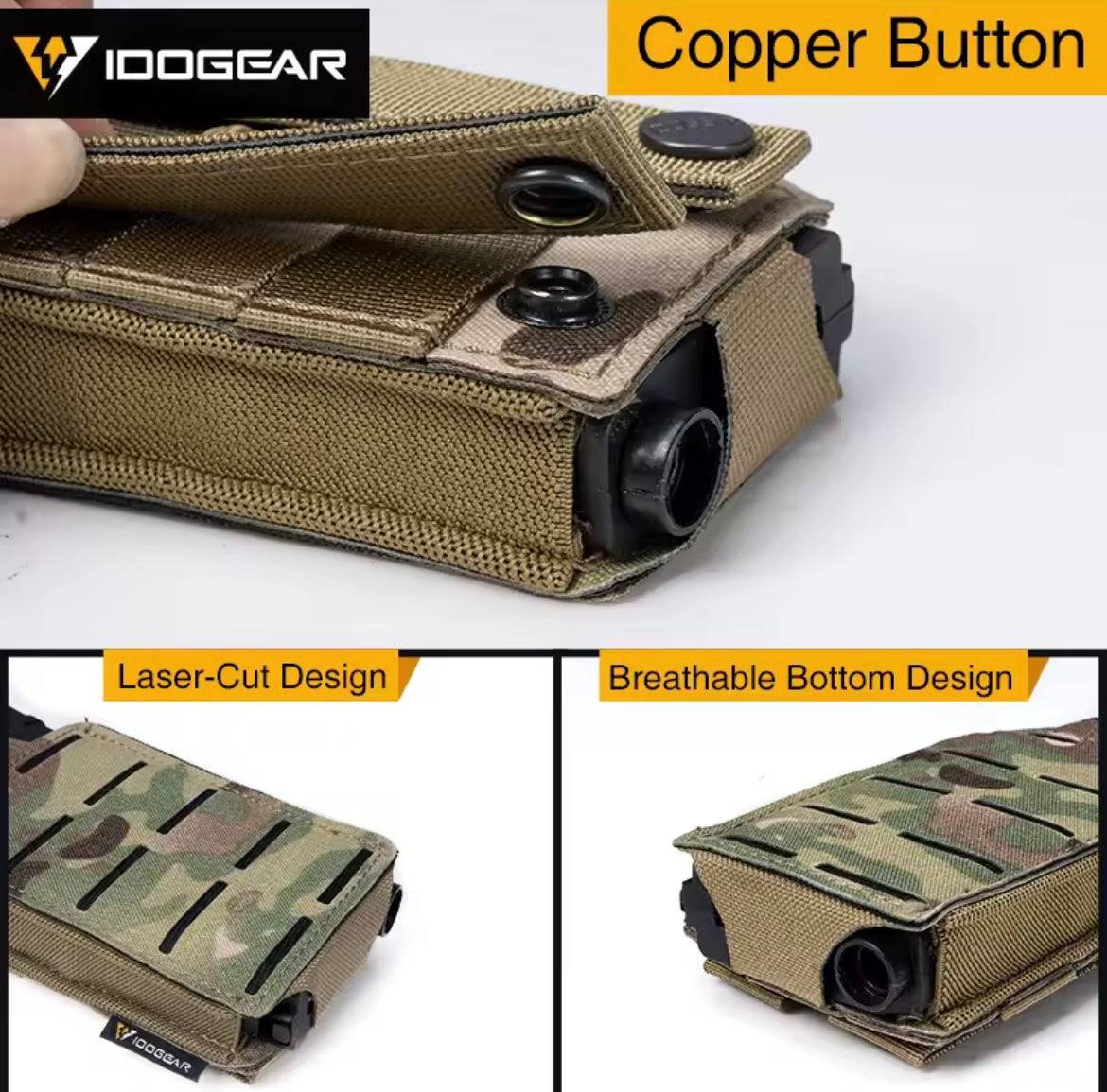 IDOGEAR 556 mag pouch with copper button, laser-cut design, and breathable bottom in camouflage