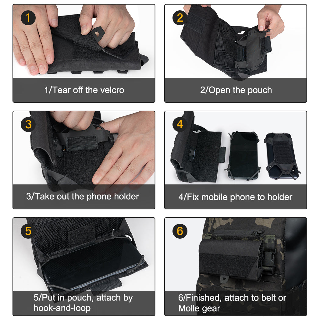 IDOGEAR black cellphone pouch with velcro, phone holder, hook-and-loop, and belt attachment features