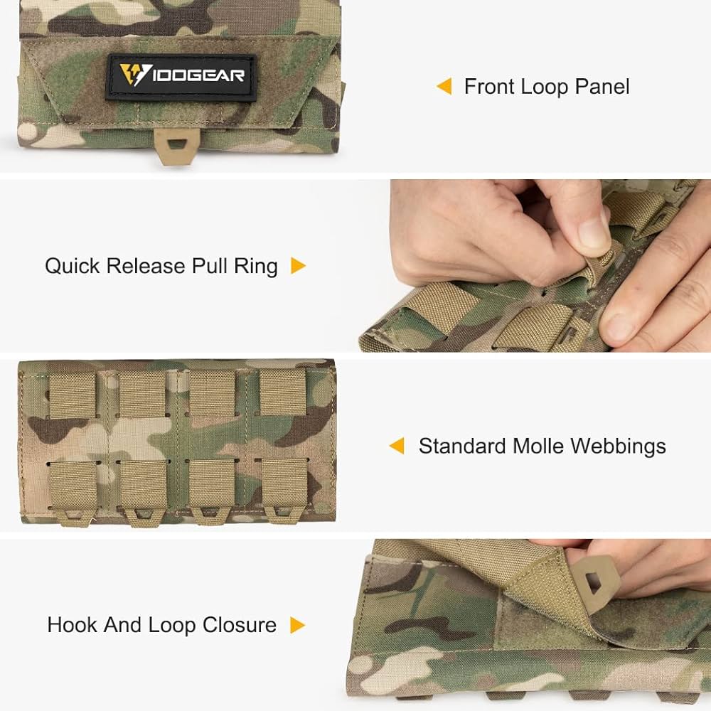 IDO GEAR camouflage cellphone pouch with front loop panel, quick release pull ring, MOLLE webbings, and hook and loop closure