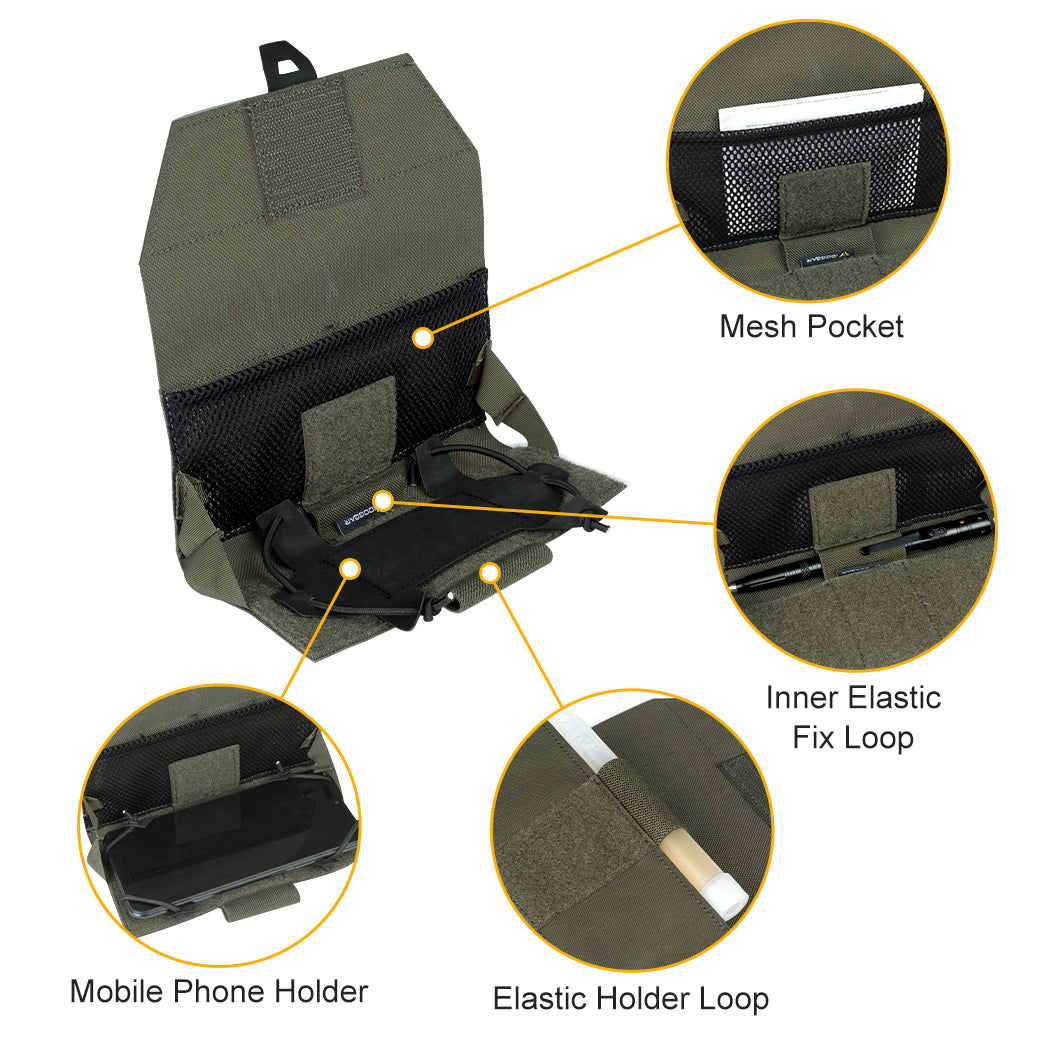 IDOGEAR cellphone pouch in green with mesh pocket, elastic holder loop, and mobile phone holder