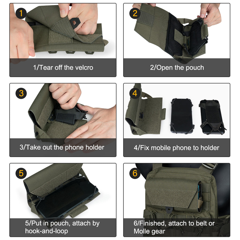 IDOGEAR cellphone pouch in olive green being opened and attached step-by-step to belt or MOLLE gear
