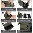 IDOGEAR cellphone pouch in olive green being opened and attached step-by-step to belt or MOLLE gear