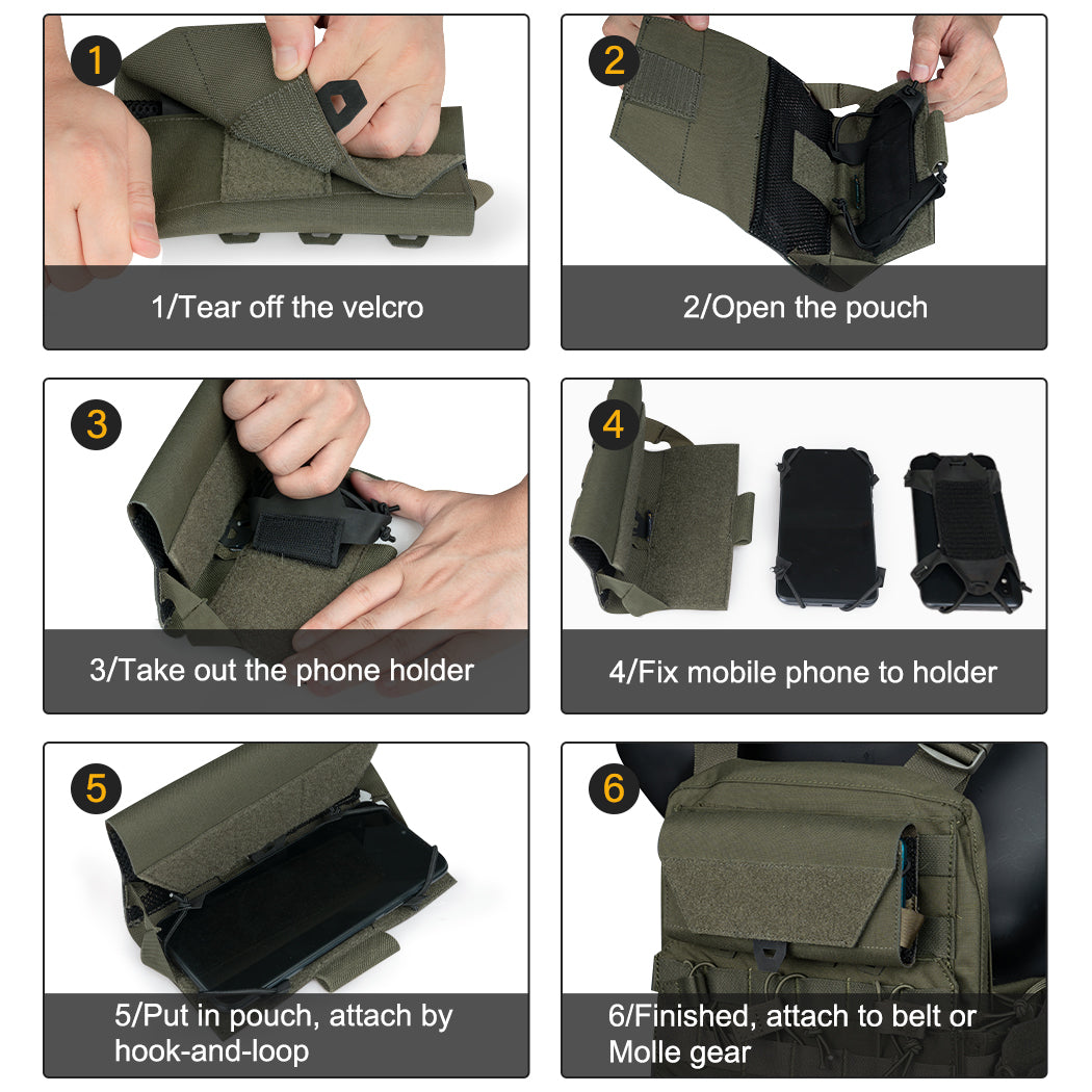 IDOGEAR cellphone pouch in olive green being opened and attached step-by-step to belt or MOLLE gear