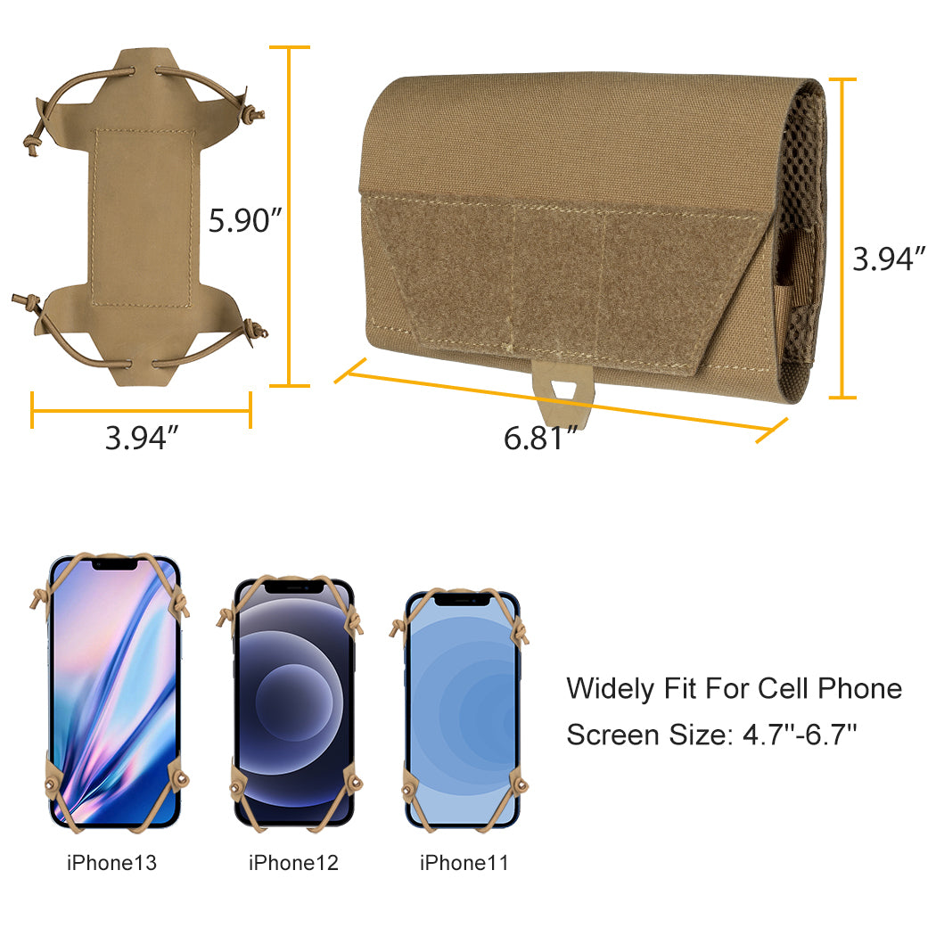 IDOGEAR cellphone pouch in tan color with dimensions and phone compatibility for iPhone 11 12 and 13