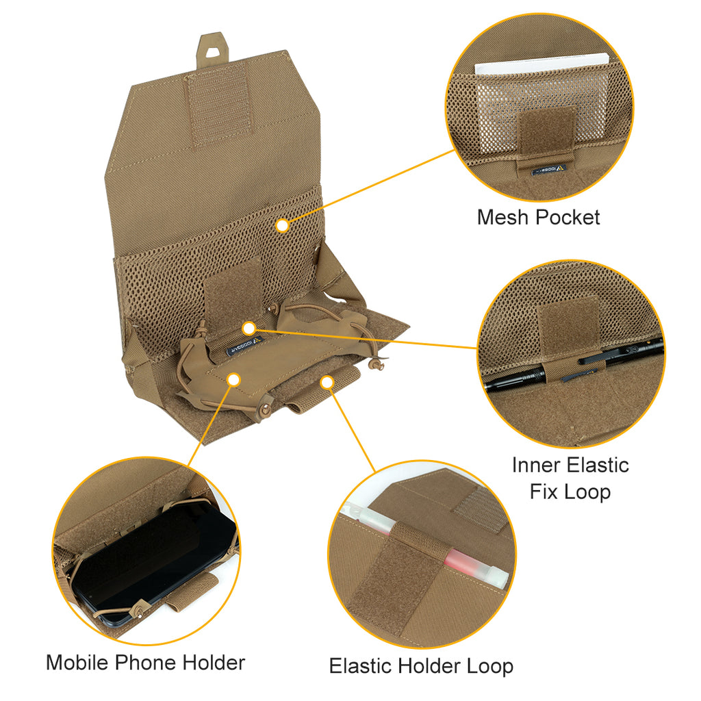 IDO GEAR tan cellphone pouch with mesh pocket mobile phone holder and elastic holder loops