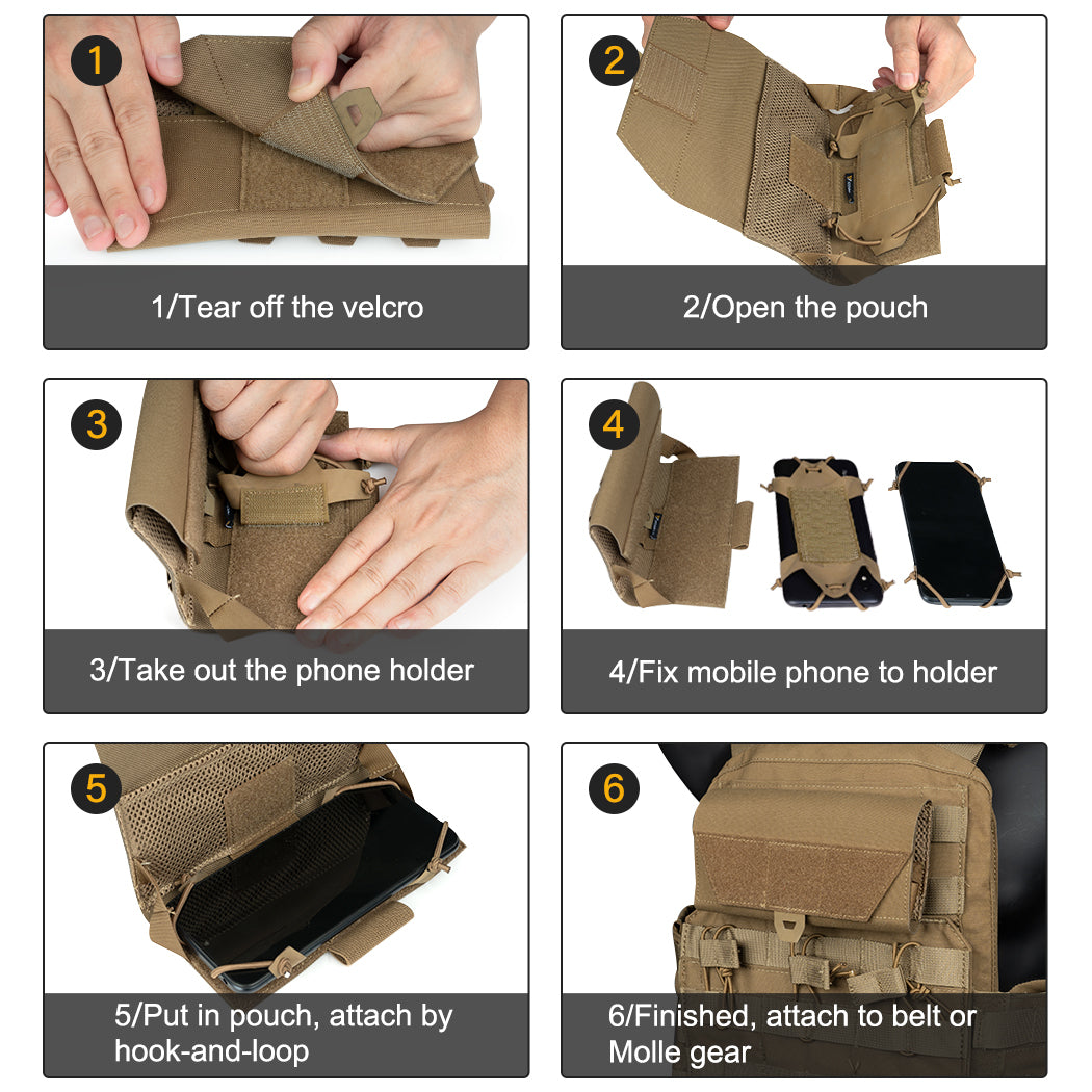 IDOGEAR cellphone pouch in tan showing step-by-step usage instructions with velcro, phone holder, and belt attachment
