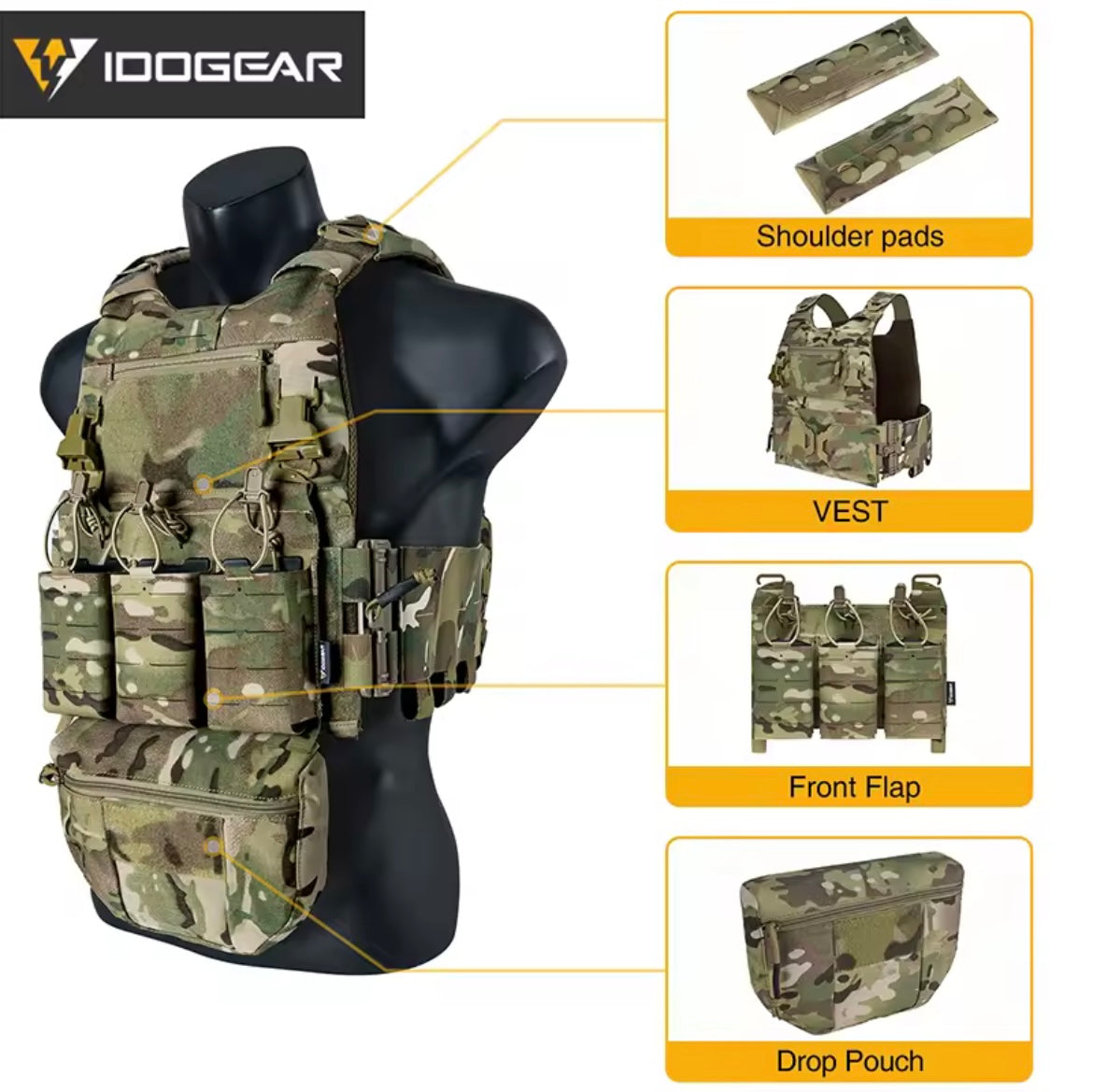 Chestplate fcsk IDOGEAR camouflage avec gilet, épaulières, rabat avant et pochette amovible
