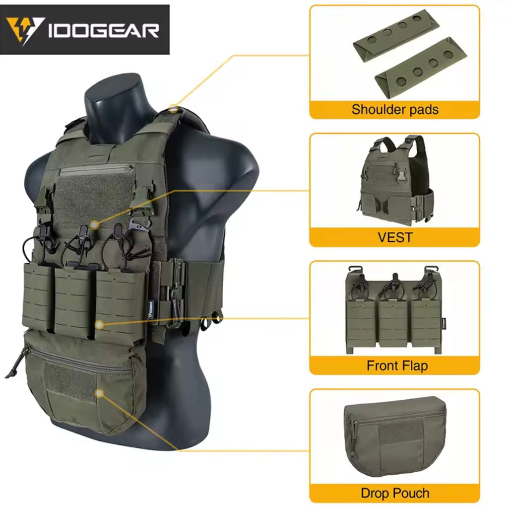 Chestplate fcsk tactique IDOGEAR vert olive avec poches frontales et protège-épaules