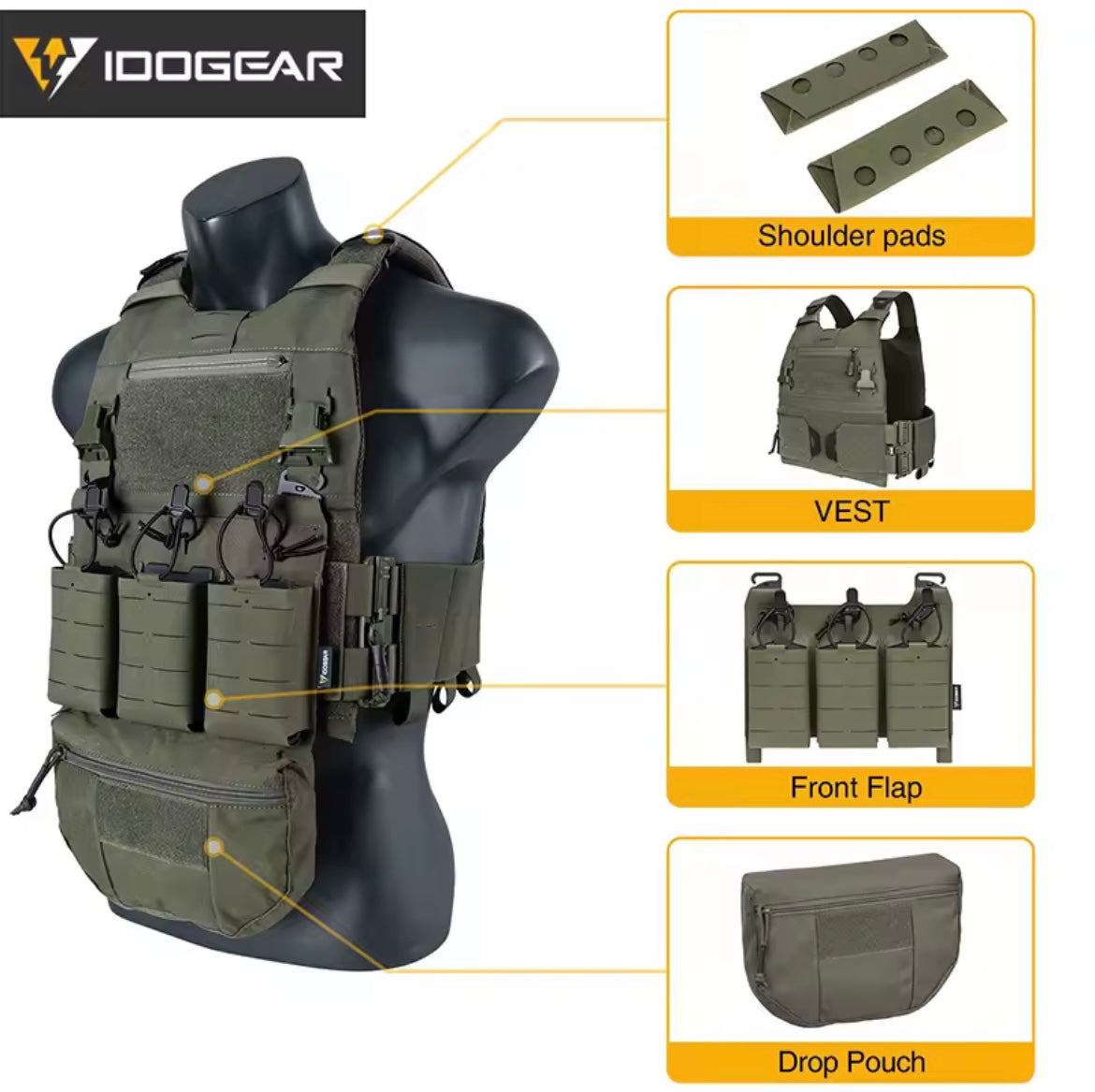 Chestplate fcsk tactique IDOGEAR vert olive avec poches frontales et protège-épaules
