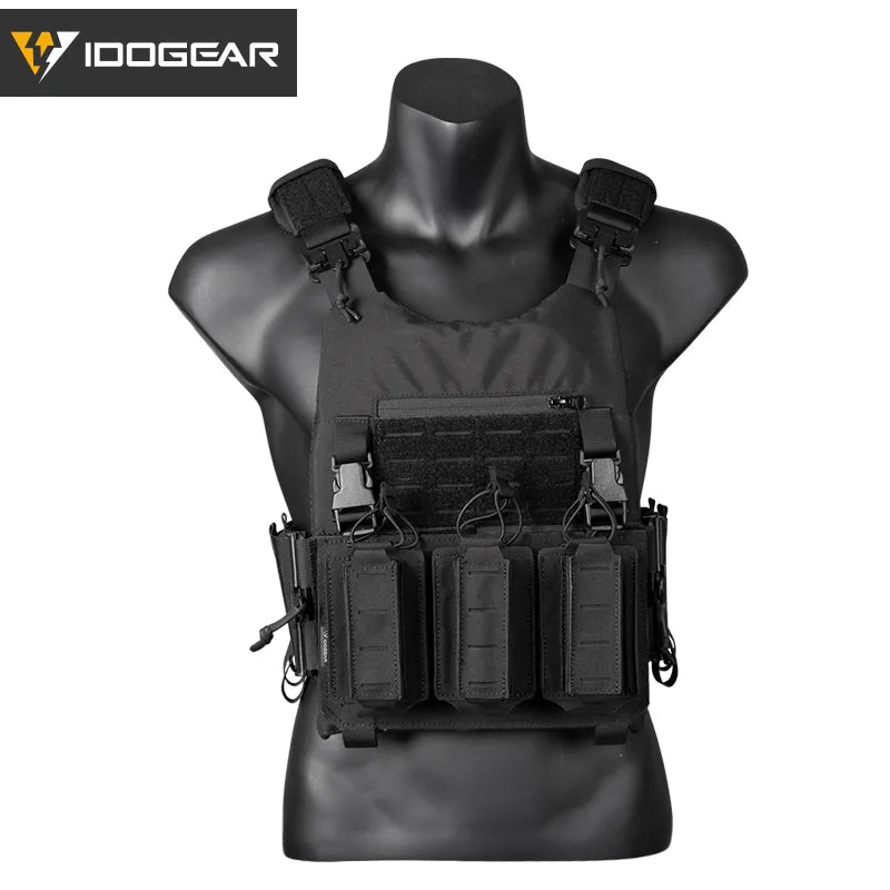 Plastron tactique noir IDOGEAR CHESTPLATE LSR avec poches modulaires résistantes et sangles ajustables