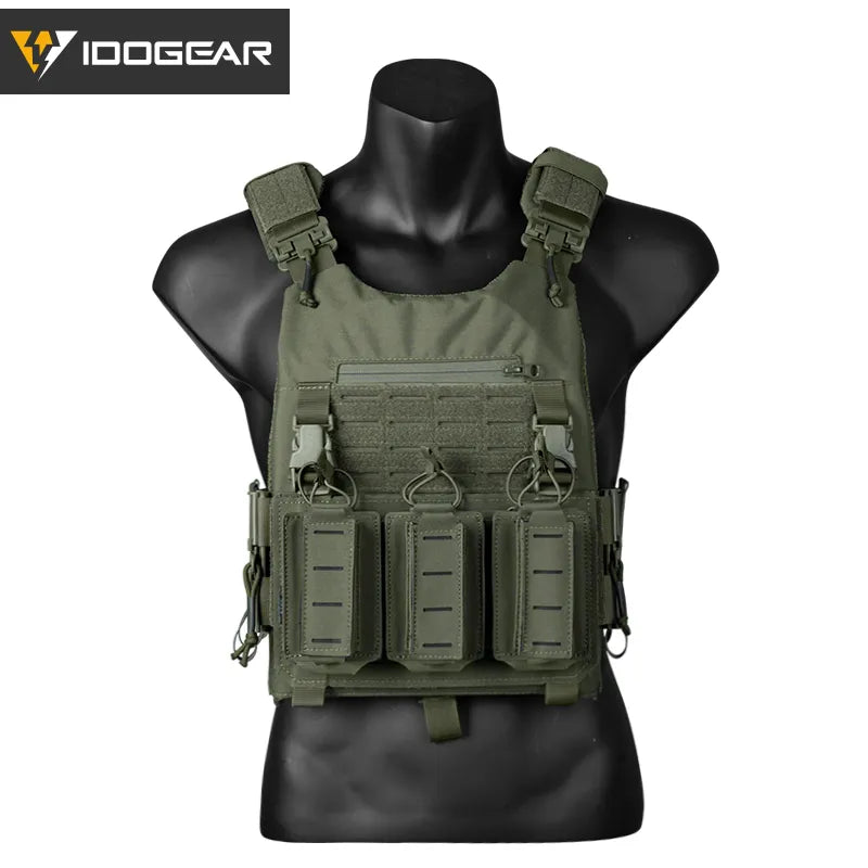 Gilet tactique vert olive CHESTPLATE LSR de IDOGEAR avec poches modulables et bretelles ajustables