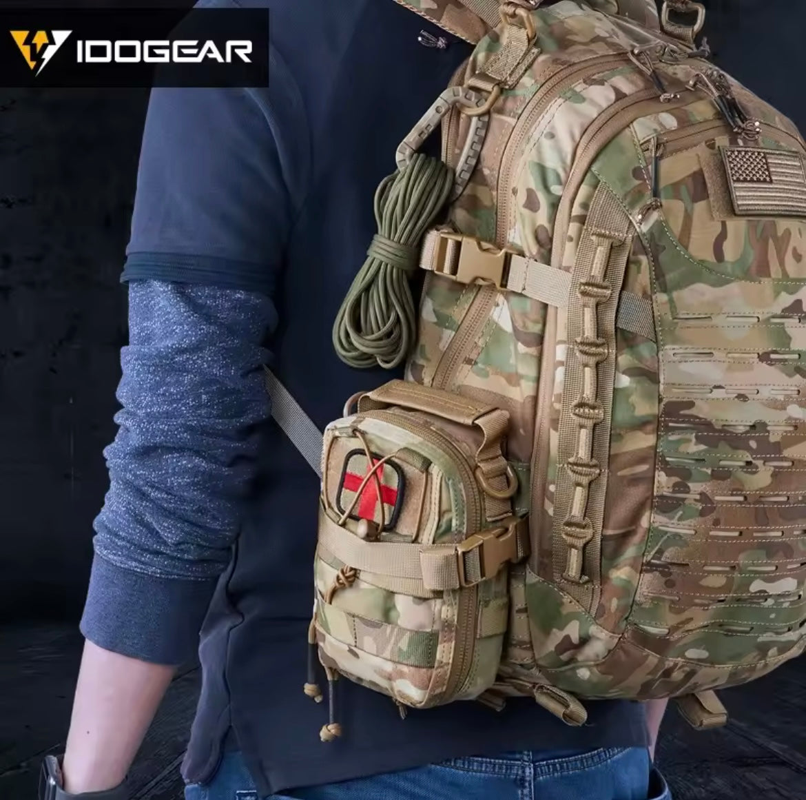 IDOGEAR camouflage backpack with attached IFAK MEDIC POUCH and tactical gear for outdoor use