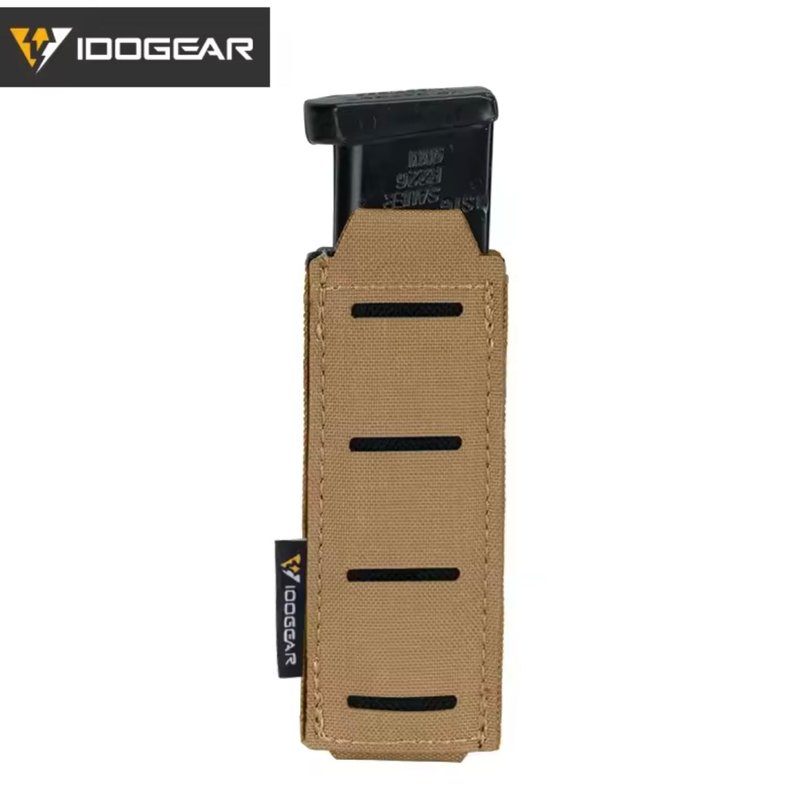 IDOGEAR tan mag pouch 9mm with MOLLE slots holding a black magazine for accessories