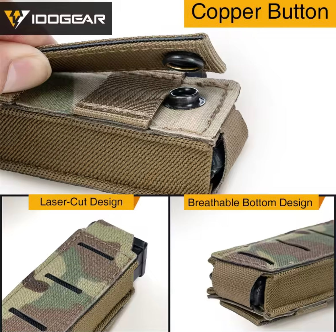 IDOGEAR mag pouch 9mm with copper button closure and laser-cut breathable design in camouflage
