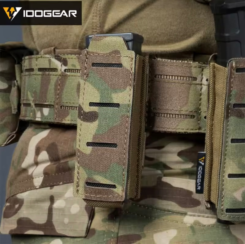 IDOGEAR camouflage mag pouch 9mm attached to tactical belt for secure ammunition carrying