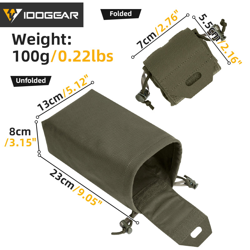 IDOGEAR multifonctions edc pouch in green shown folded and unfolded with dimensions and weight details