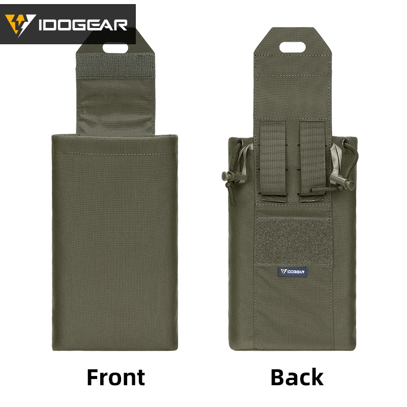 IDOGEAR multifonctions edc pouch in olive green showing front and back views with secure flap and attachment straps