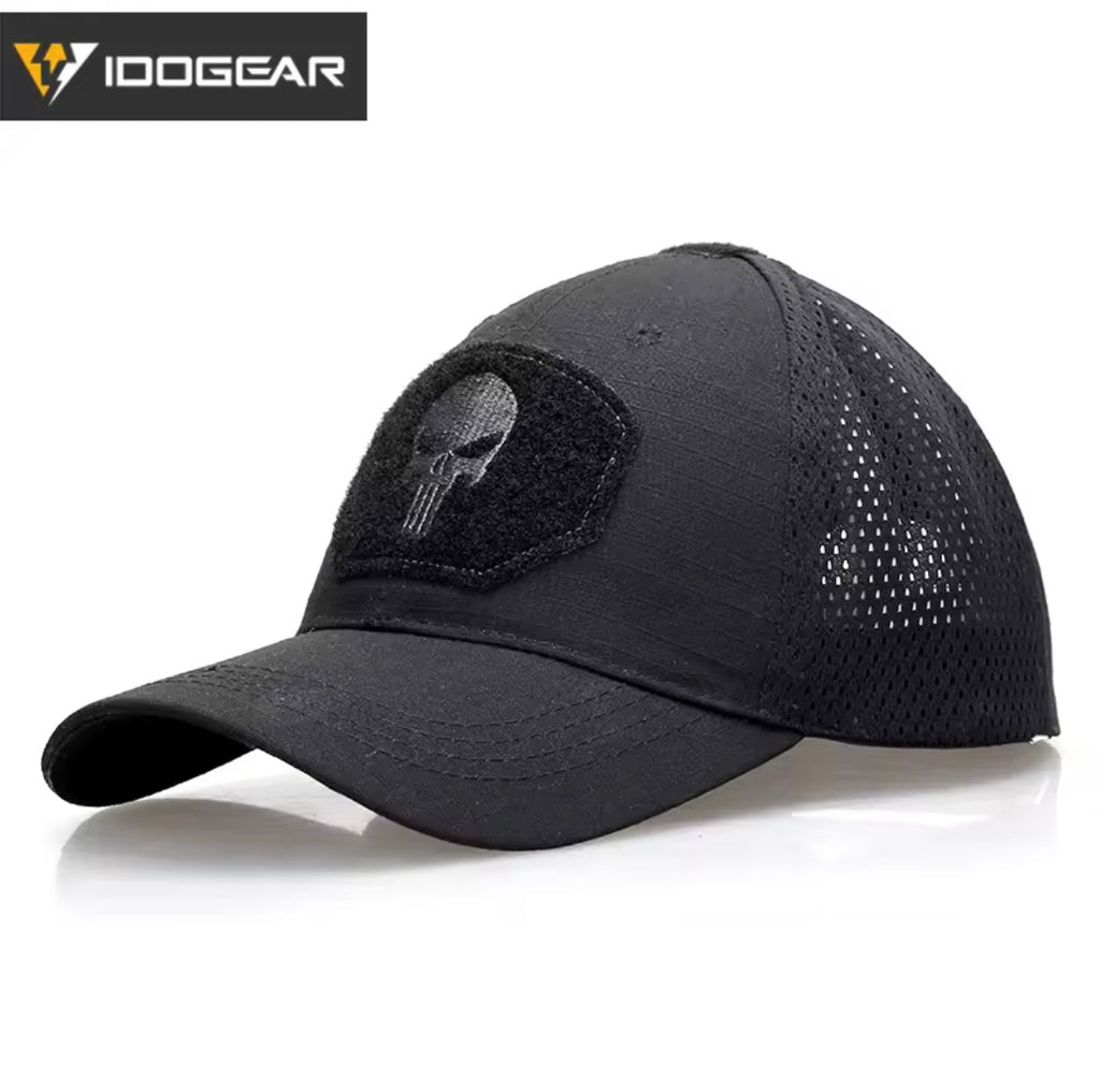 IDOGEAR Punisher cap in black with mesh panels for breathable comfort and stylish design