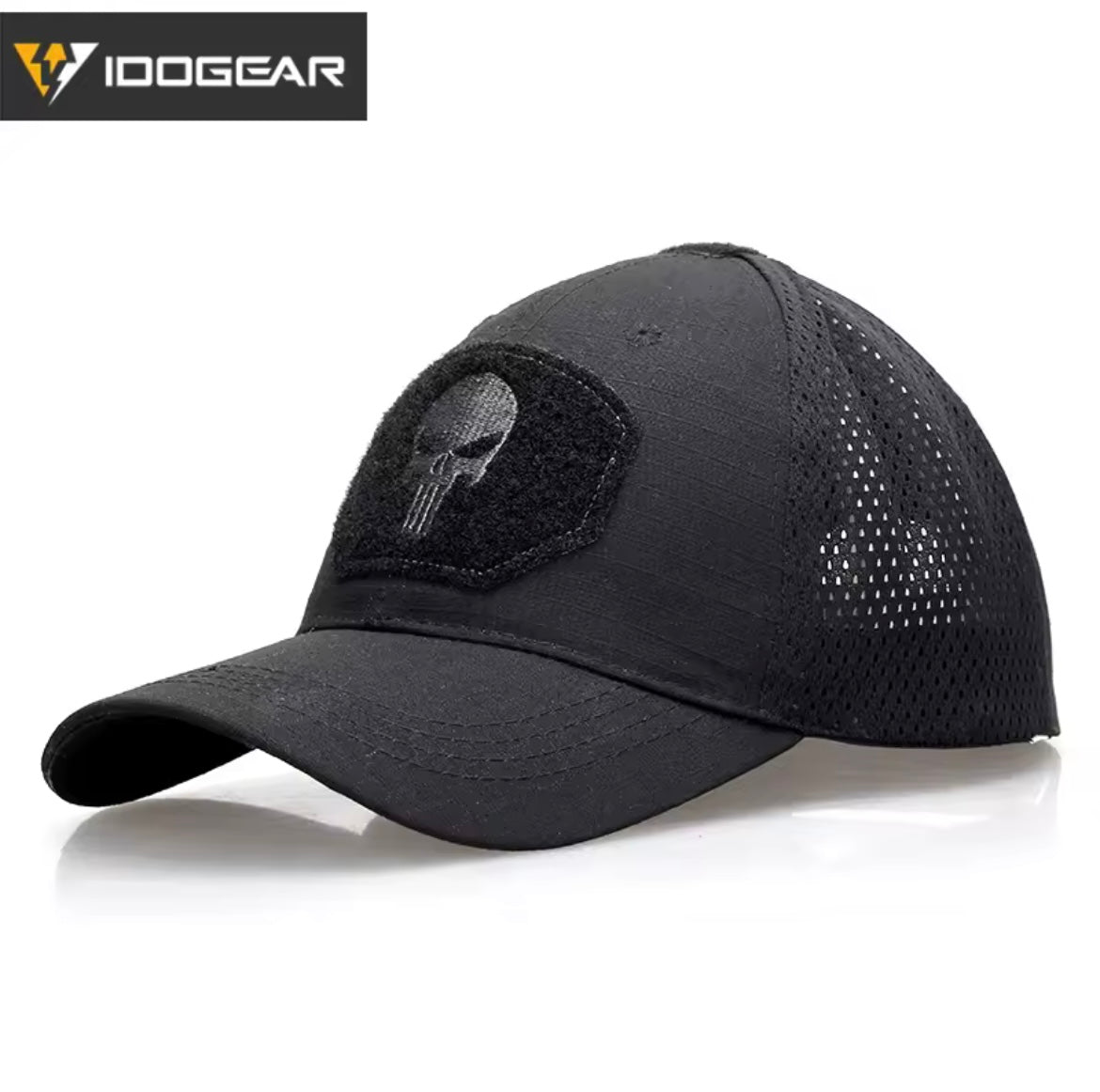 IDOGEAR Punisher cap in black with mesh panels for breathable comfort and stylish design