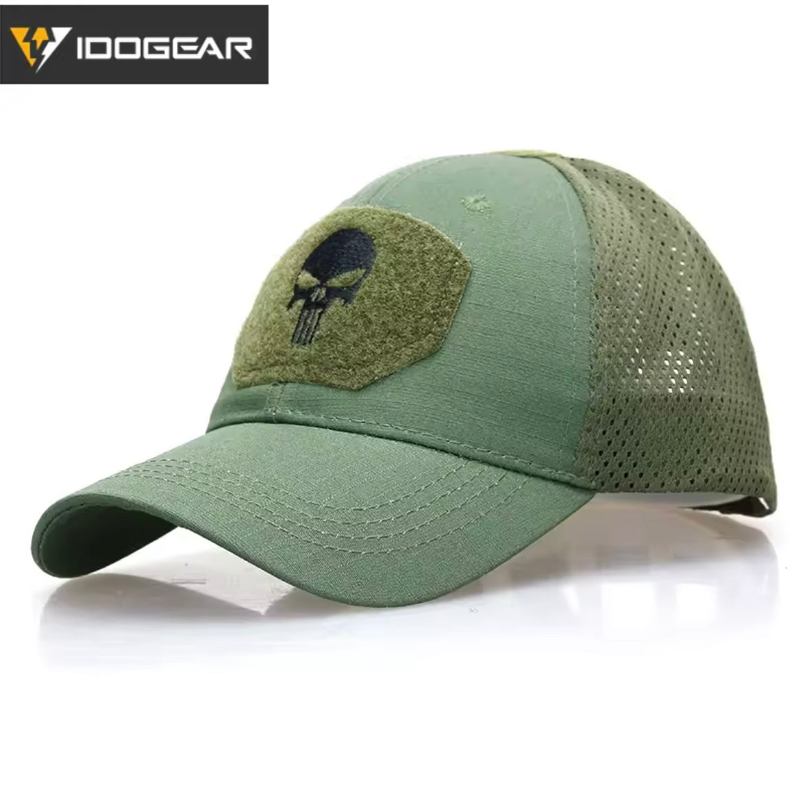 IDOGEAR Punisher cap in green with mesh back and skull logo for tactical wear