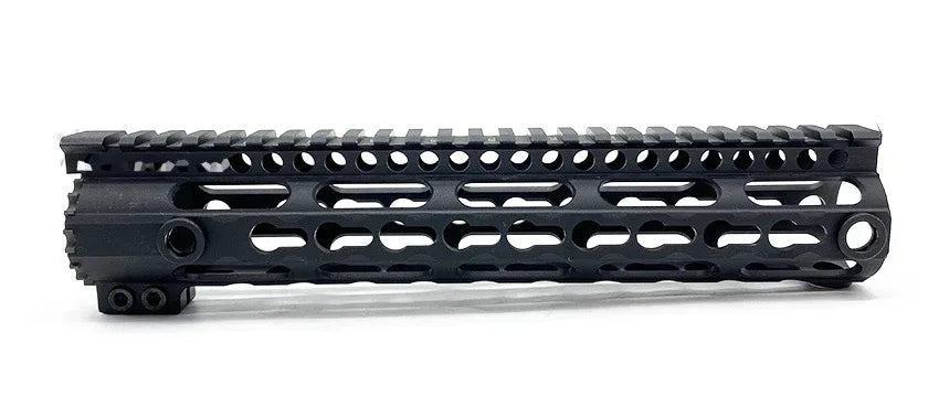 District Airsoft keymod handguard in black with a lightweight and ventilated design for improved grip