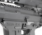 Close up black AEG lower receiver KWA RONIN TK45 airsoft gun showing textured grip and rail details