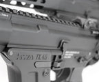 Close-up of KWA RONIN TK45 AEG with detailed markings and rail system for attachments