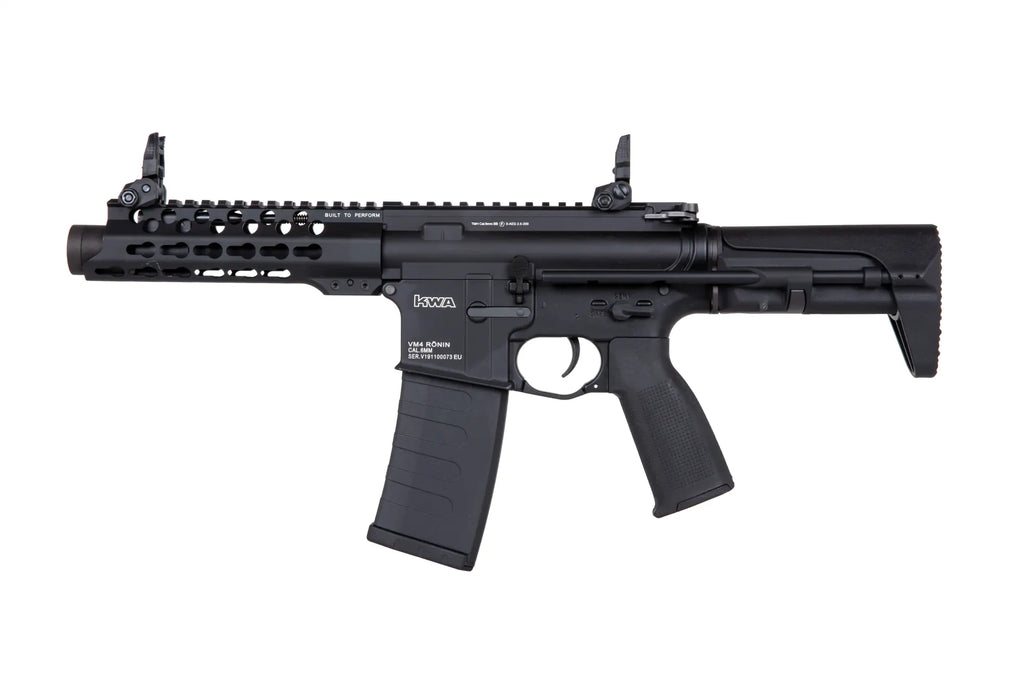 KWA VM4 RONIN 6 AEG AIRSOFT gun in black with tactical rail and adjustable rear sights