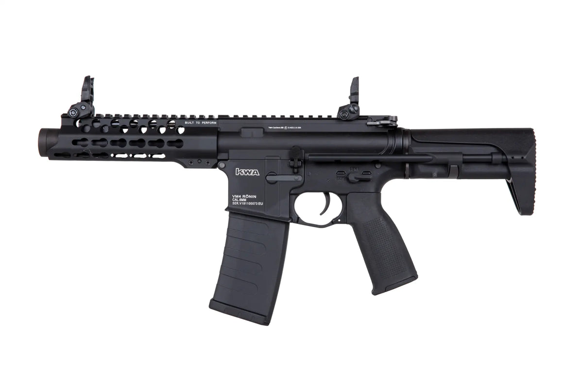 KWA VM4 RONIN 6 AEG AIRSOFT gun in black with tactical rail and adjustable rear sights