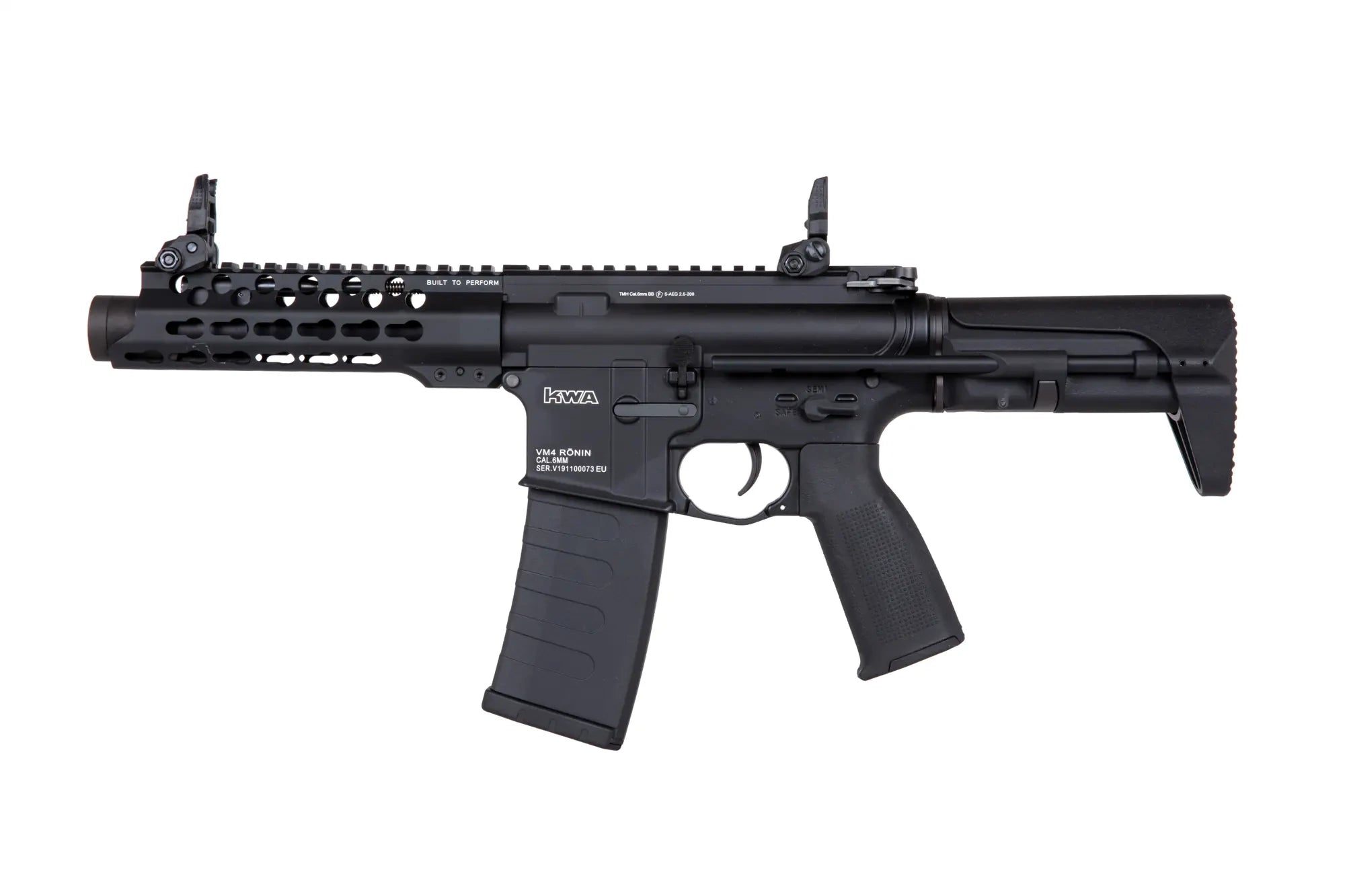 KWA VM4 RONIN 6 AEG AIRSOFT gun in black with tactical rail and adjustable rear sights