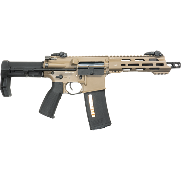 KWA VM4 RONIN T6 TAN AEG AIRSOFT rifle with tan body and black adjustable stock on white background