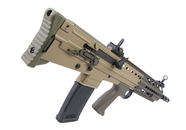ARES L85A3 AEG AIRSOFT tan rifle with black magazine and detailed tactical design