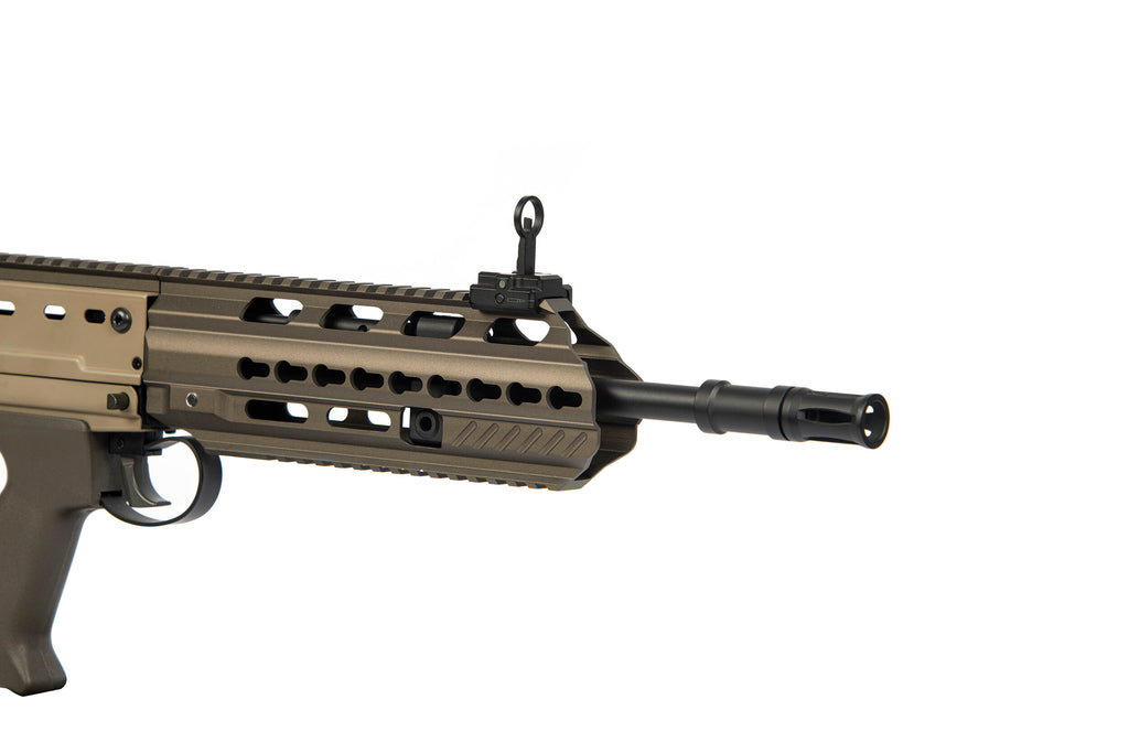 ARES L85A3 AEG AIRSOFT rifle in tan with detailed front rail and barrel close-up
