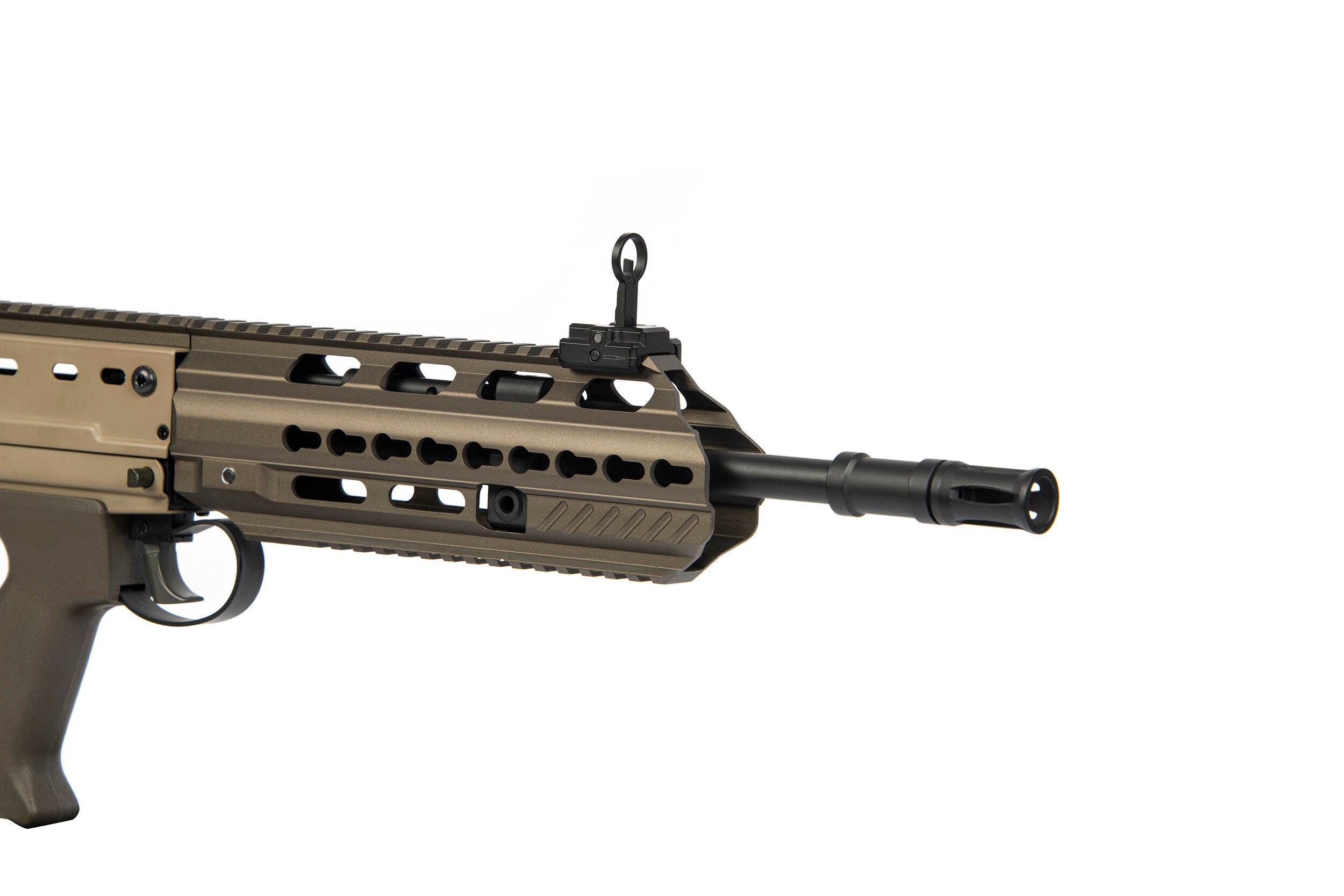 ARES L85A3 AEG AIRSOFT rifle in tan with detailed front rail and barrel close-up