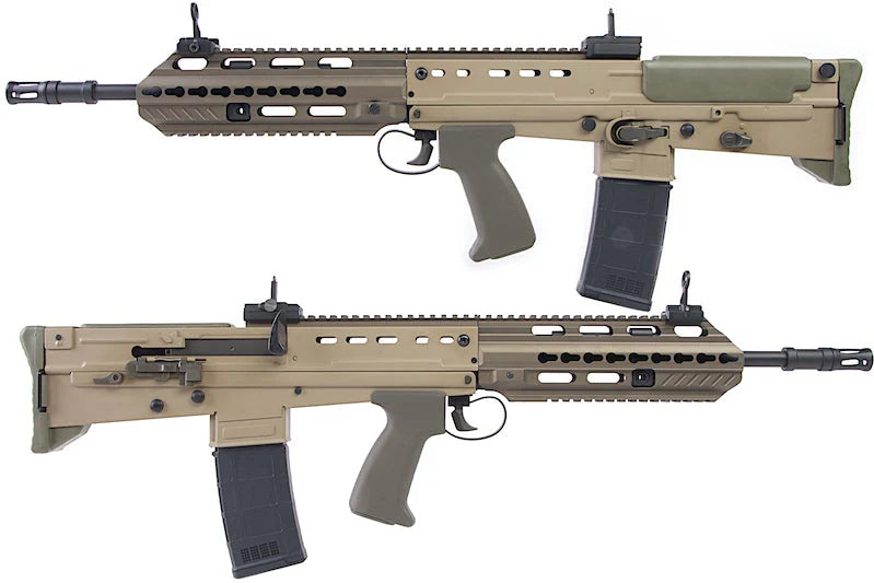 ARES L85A3 AEG AIRSOFT rifle in tan with adjustable sights and tactical rail system