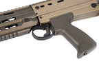 Close-up of ARES L85A3 AEG AIRSOFT trigger and grip in tan and gray colors