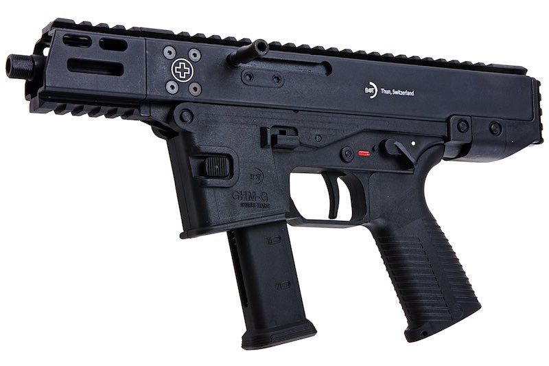 B&T AEG LAMBDA DEFENCE GHM9 GBB AIRSOFT gun in black with tactical rail and magazine