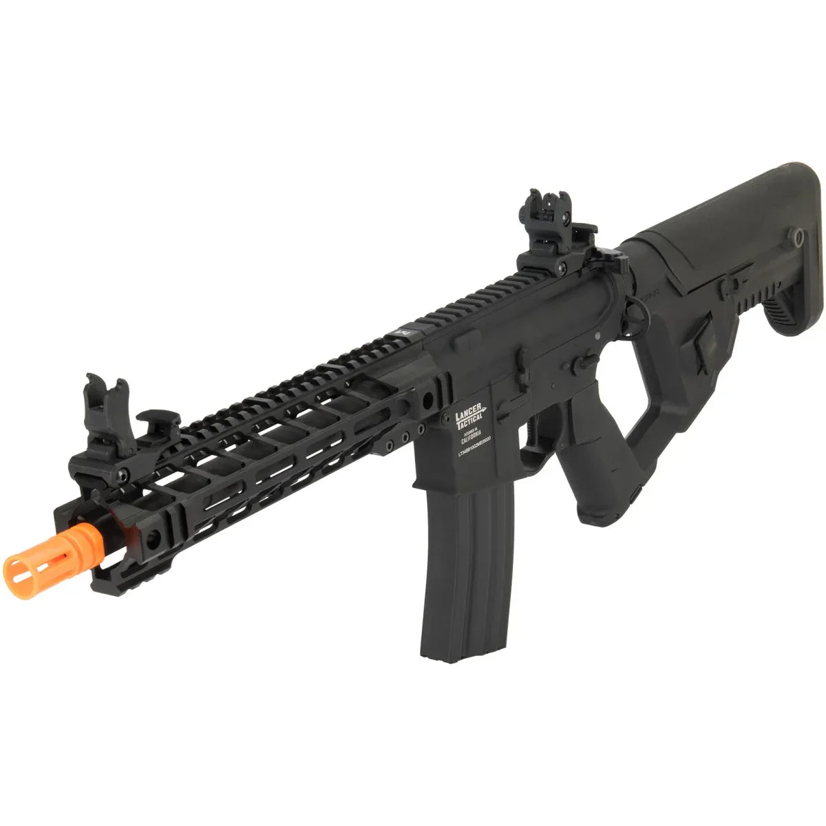 Lancer Tactical AEG with tactical rail system and orange tip for airsoft enthusiasts
