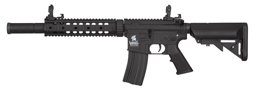 Lancer Tactical M4 Gen 2 airsoft rifle AEG in black with quad rail flip up sights and adjustable stock