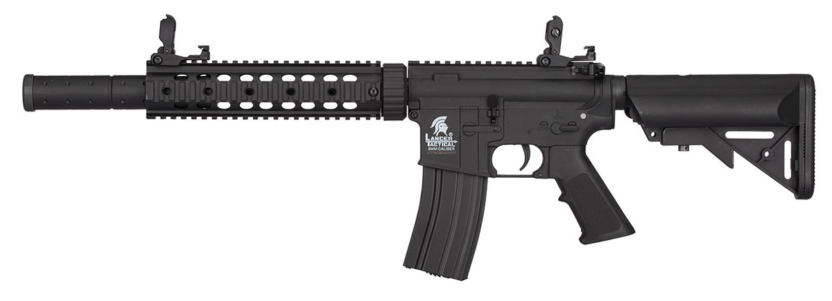 Lancer Tactical M4 Gen 2 airsoft rifle AEG in black with quad rail flip up sights and adjustable stock