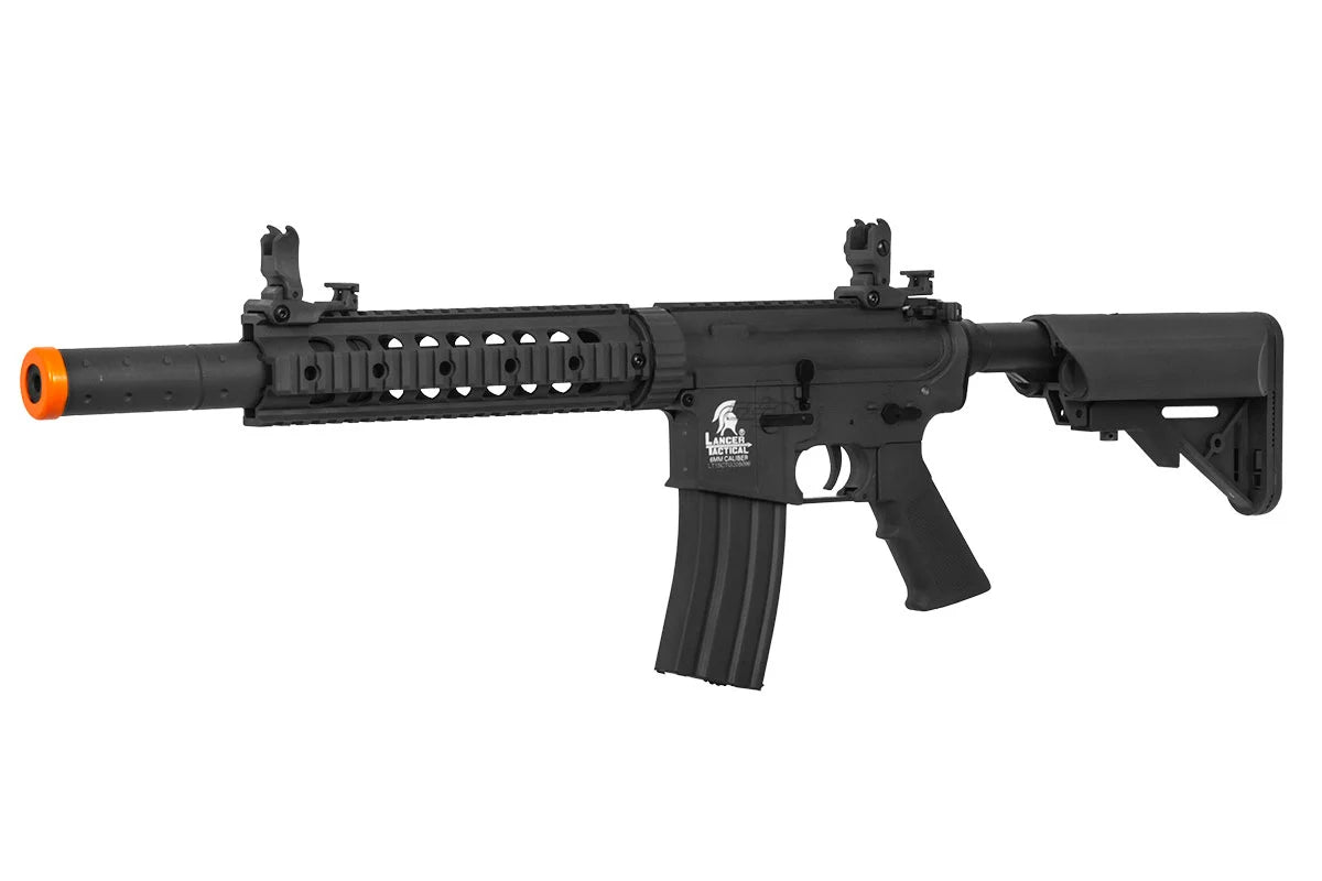 Lancer Tactical M4 Gen 2 airsoft rifle AEG black with adjustable stock orange muzzle and quad rail handguard