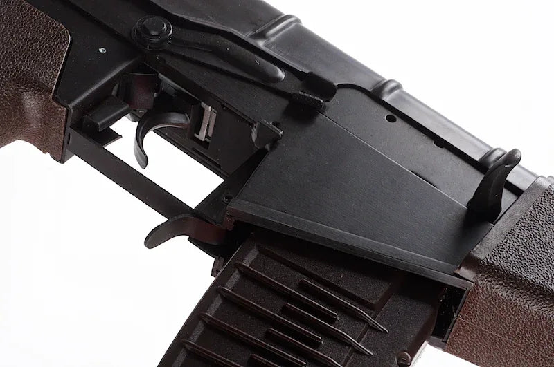 Close-up view of the LCT AS VAL AEG AIRSOFT with detailed trigger mechanism and magazine well